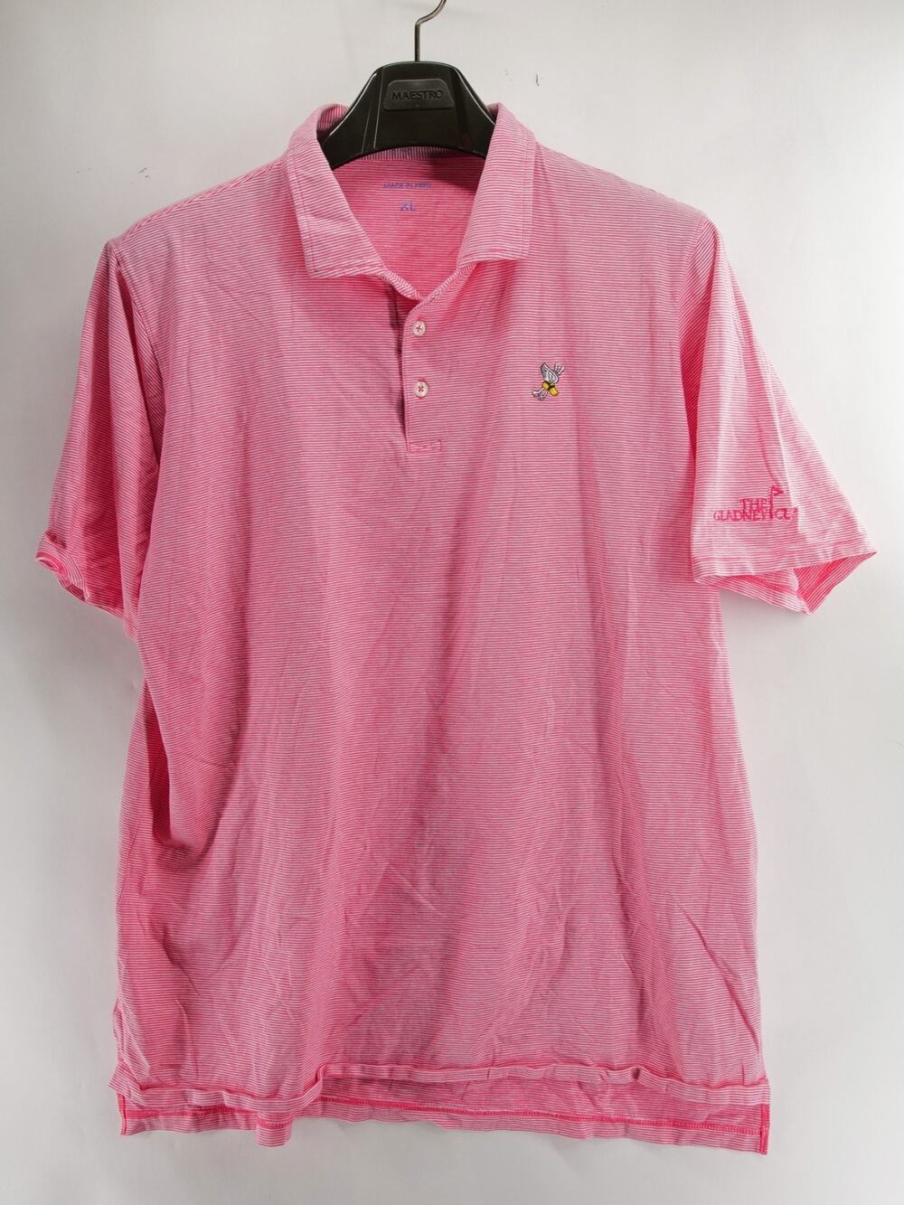 B Draddy Men's XL Pink Striped Polo Shirt Stretch Golf Winged Foot Club Logo